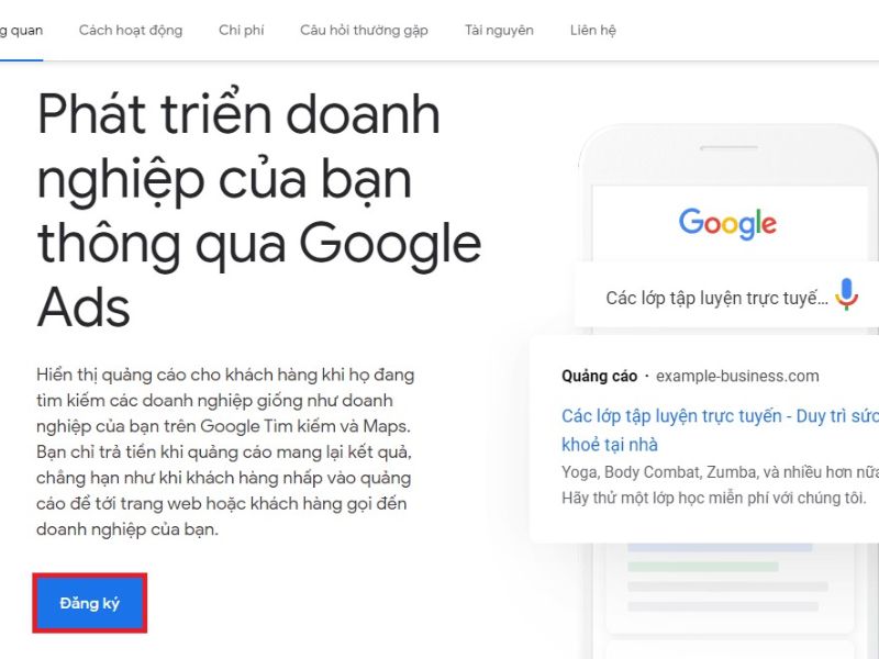 Truy cập trang chủ Google Ads và chọn “Đăng nhập” hoặc “Bắt đầu ngay”