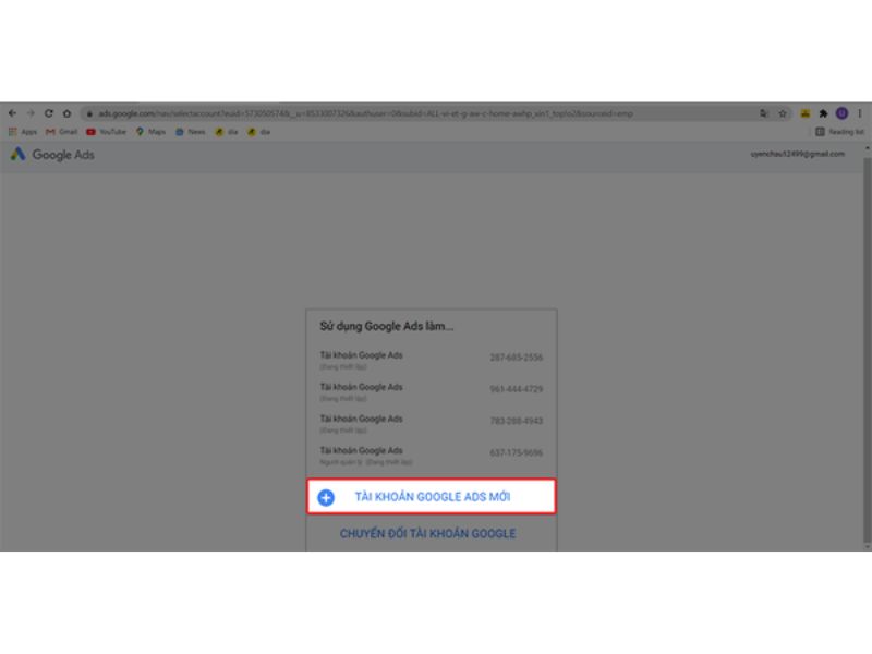 Chọn “Tạo tài khoản Google Ads mới”