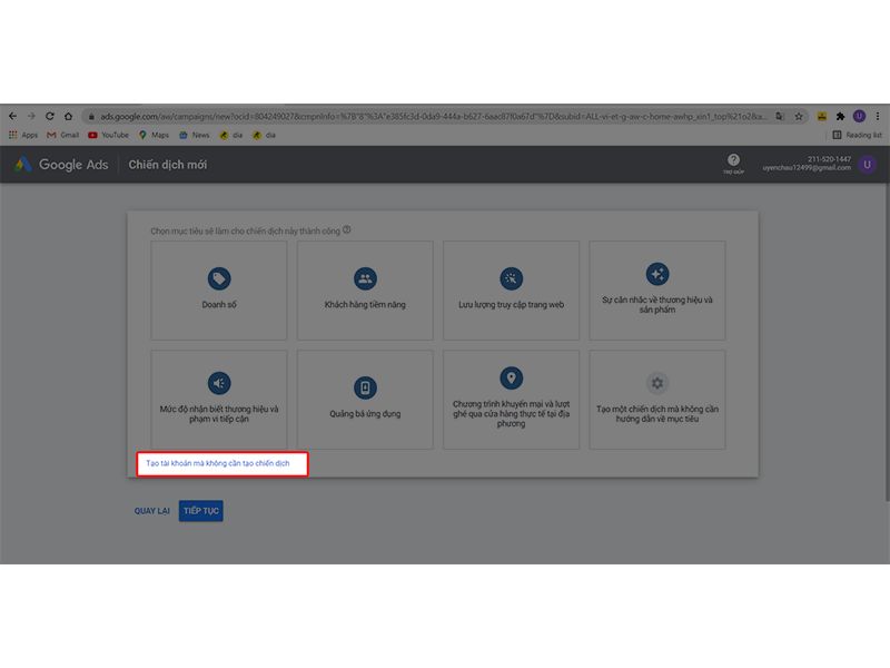 Nhấn “Tạo tài khoản không cần tạo chiến dịch”