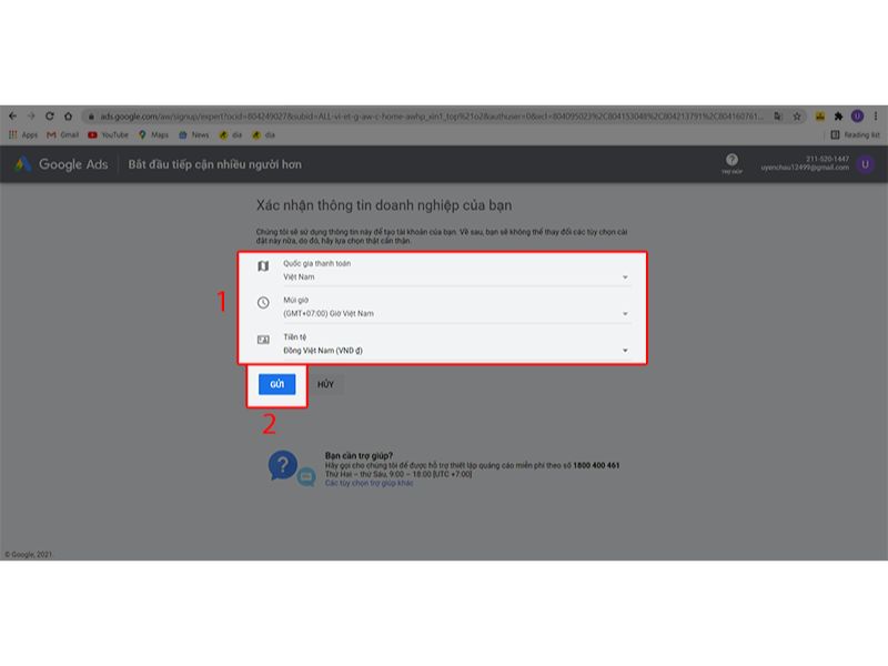 Thiết lập quốc gia – múi giờ – đơn vị tiền tệ và nhấn “Gửi”