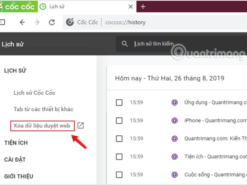 Thực hiện xóa lịch sử trên Cốc Cốc